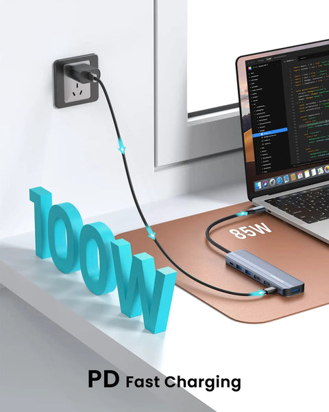 Beast 7-in-1 USB C Hub Dock For Laptops With Dual 4K HDMI 60Hz, 100W PD shown charging a laptop next to 100W graphic.