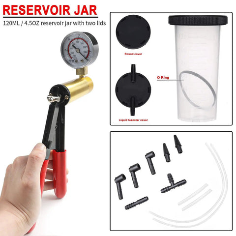 Hand Held Vacuum Pump Tester Kit With Vacuum Gauge And Brake Bleeder For Automotive Use Do It All Tool Set With Adapters And Case Cushioned Grip For Easy Pressure Testing And Bleeding Brakes, 120ml reservoir jar