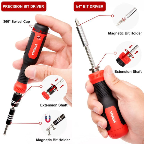 191-Piece Multi Bit Precision Screwdriver Set With One Quarter Inch Nut Driver showing magnetic bit holder and extension shaft