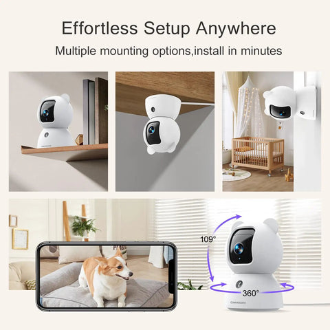 2.5K Indoor Security Camera 4 Pack With Free AI Person Pet Cry Detection mounted indoors showcasing pan tilt features