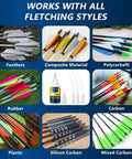 Heavy Duty Fletching Glue Kit 100g Pro Grade Instant Bond For Carbon, Aluminum And Wood Arrows displayed with different arrow types.