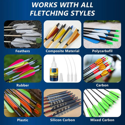 Heavy Duty Fletching Glue Kit 100g Pro Grade Instant Bond For Carbon, Aluminum And Wood Arrows displayed with different arrow types.