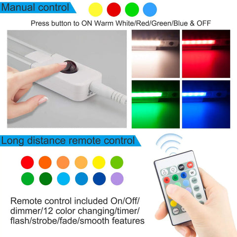 Manual and remote controls for Under Cabinet Lighting With Remote, Color Changing RGB LED Light Bar, color settings shown.
