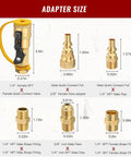 Propane Quick Connect Fittings 7 Piece Kit for Low Pressure Gas Appliances Like RV Heaters Grills Fire Pits Brass Full Flow With Shutoff Valve NPT Flare Adapters and Quick Connect Plugs shown in different sizes and dimensions.