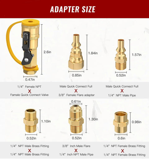 Propane Quick Connect Fittings 7 Piece Kit for Low Pressure Gas Appliances Like RV Heaters Grills Fire Pits Brass Full Flow With Shutoff Valve NPT Flare Adapters and Quick Connect Plugs shown in different sizes and dimensions.