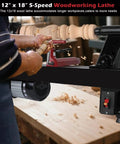 Heavy Duty Badass Benchtop Wood Lathe Machine 12 By 18 Inch 550 Watt 3 4 Horsepower 5 Speed Settings 680 To 2770 RPM With MT2 Drive And Live Center in use for woodturning.