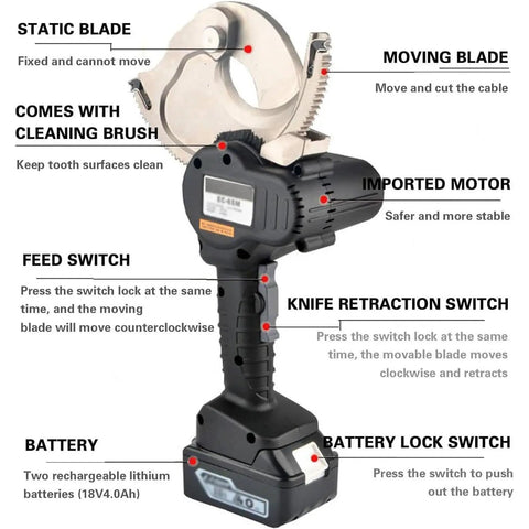 Heavy Duty Hydraulic Battery Cutter With Electric Ratchet Tool 75mm Capacity showing components and switches labeled
