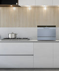 Compact Countertop Dishwasher With Bright Led Controls Delay Start Energy Star Rated Six Place Settings Smooth Operator Automatic Detergent Dispenser No Sweat Setup Universal Faucet Adapter Sleek Silver Finish on modern kitchen counter.
