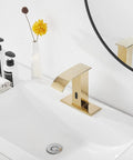 Automatic Sensor Touchless Bathroom Sink Faucet In Polished Gold With Drain Assembly And Vanity Mount Hands Free Waterfall Tap Temperature Mixer Control Box Hot And Cold Hoses in bathroom setting