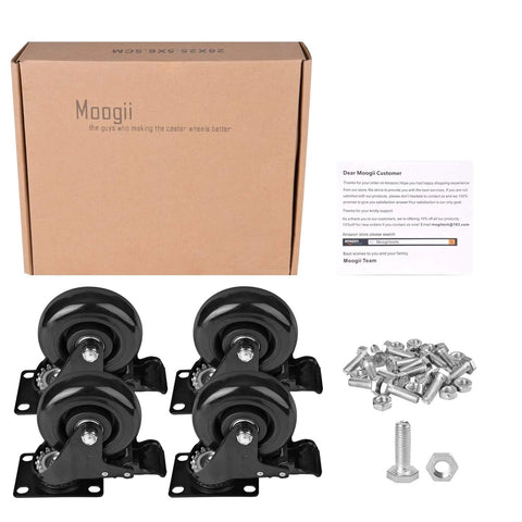 Moogiitools 3-inch PVC swivel caster wheels, set of 4 with dual-locking brakes and mounting plates, black