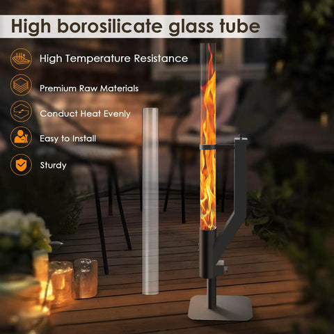 Wood Pellet Patio Heater Glass Tube Replacement 39.3 Inch Long High Borosilicate Tube next to flame heater on patio