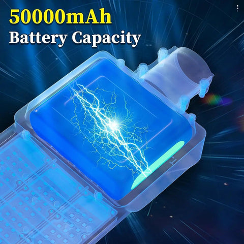 50000mAh battery capacity with glowing blue design, showcasing powerful energy for 30000W Solar Street Lights Outdoor,144 LEDs IP67 Solar Outdoor Lights.