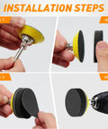Top Shelf 331 Piece 2 Inch Wet Dry Sanding Disc Kit installation steps showing polishing pad attachment to drill.