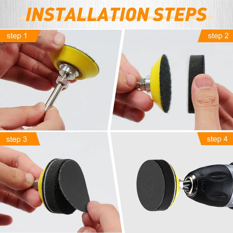 Top Shelf 331 Piece 2 Inch Wet Dry Sanding Disc Kit installation steps showing polishing pad attachment to drill.