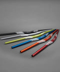 Full On Mountain Bike Handlebar, 31.8mm Clamp, 785mm Wide, 30mm Rise Beefy Alloy Riser Bar, different colors displayed in a line