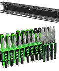 Heavy Duty Wall Mounted Tool Organizer For Pliers And Small Tools Metal Screwdriver Holder Rack With 23 Holes Space Saving Garage Workshop Shed Storage Quick Access And Durable Tool Mount, shown with tools installed