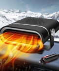 Portable 12V Car Heater Brings Road Trip Ready Warmth Straight To Your Dash For Quick Windshield Defrosting With Easy Plug And Play Cigarette Lighter Setup For Any Winter Drive, shown heating on dashboard.