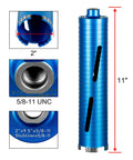 SALI diamond core drill bit, blue, 2in diameter, 11in overall length, 5/8-11 UNC thread, includes two adapters