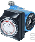 Instant Hot Water Recirculating Pump With Smart Timer Control And Heavy Duty Stainless Steel Head For Tank Water Heaters Easy Hook Up And Smooth Household Hot Water Circulation System Setup, blue and black pump with timer.