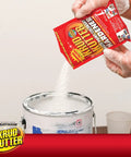Person pouring Waste Paint Hardener 3.5 Oz Odorless Solidifier For No Mess Disposal of Latex and Acrylic Paint into a paint can