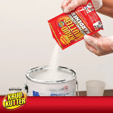 Person pouring Waste Paint Hardener 3.5 Oz Odorless Solidifier For No Mess Disposal of Latex and Acrylic Paint into a paint can