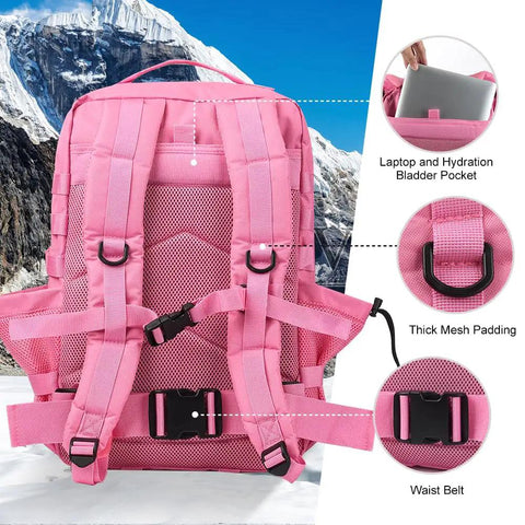 Back view of Pink 45L MOLLE Assault Backpack With Bottle Holder And D Rings 3 Day Tactical Rucksack For Camping And Mil Grade Use