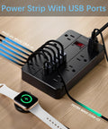 Flat Plug Power Strip With 8 Widely Spaced Outlets 10 Ft Extension Cord And 6 USB Ports Including 1 USB C Port on a desk.