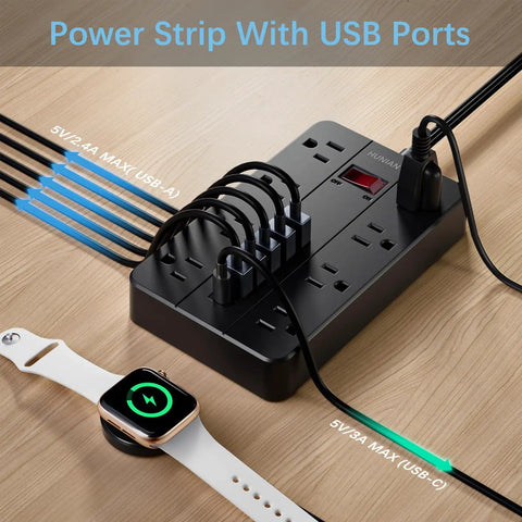 Flat Plug Power Strip With 8 Widely Spaced Outlets 10 Ft Extension Cord And 6 USB Ports Including 1 USB C Port on a desk.