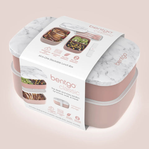 Three Compartment Adult Lunch Box With Built In Utensil Set And Sealing Strap For Meal Prep Grab And Go BPA Free Food Container Perfect For Work Or School In Blush Marble, packaged view
