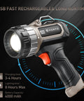 Compact Rechargeable Spotlight With Adjustable Focus And Stand, 2700 Foot Range, showing USB fast charging and runtime info