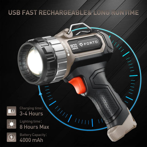 Compact Rechargeable Spotlight With Adjustable Focus And Stand, 2700 Foot Range, showing USB fast charging and runtime info