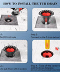 Installation steps for Hassle Free Freestanding Tub Drain Kit With Bolt Tight Brass Tail Pipes And Slick PVC Adapter.