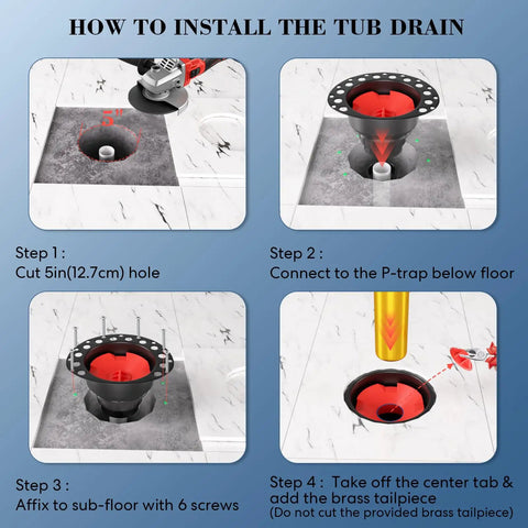 Installation steps for Hassle Free Freestanding Tub Drain Kit With Bolt Tight Brass Tail Pipes And Slick PVC Adapter.