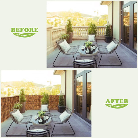 Comparison before and after using Natural Bamboo Reed Fence 6 Ft High By 16.4 Ft Long Privacy Screen for balcony privacy.