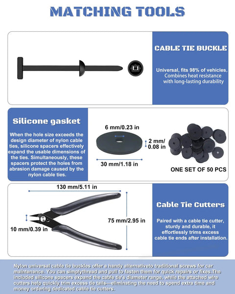 Visual of 150 Pcs Nylon Universal Cable Tie Buckles For Cars And Motorcycles Automotive Zip Tie Clips Plastic Rivet Push Pin Clips