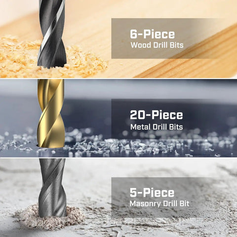 Close-up of 6-piece wood, 20-piece metal, and 5-piece masonry drill bits from 20V Cordless Drill Kit With 100 PC Drill Bit Set