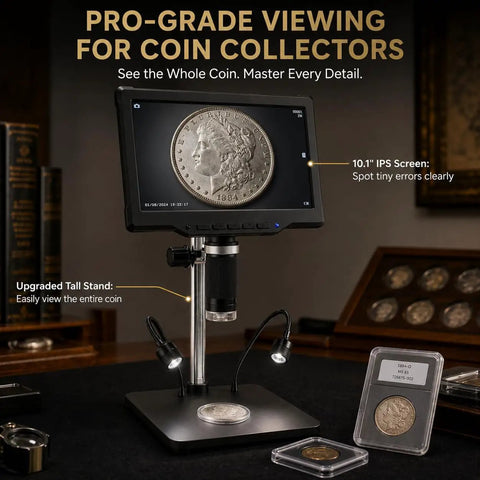 10.1 Inch LCD Soldering Microscope For PCB Repair And Inspection large screen on stand with coin display