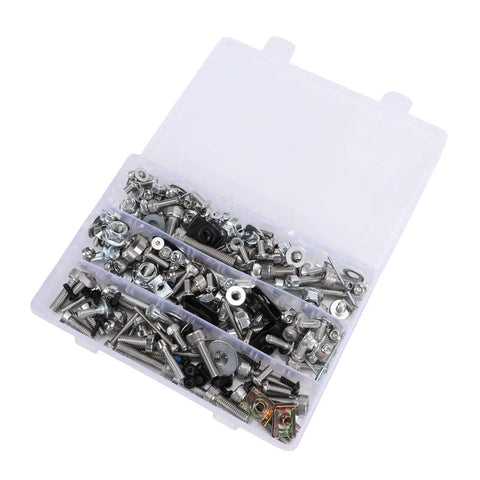 Dirt Bike Fairing Screws Kit With Bolts Nuts Washers And Spacers For Full Body Panels 246 Piece Hardware Set Includes M5 And M6 Screws Hex Wrenches Mounting Clamps And All Necessary Fasteners For Quick Easy Motorcycle Assembly. clear plastic organizer with assorted metal screws, nuts, washers and spacers
