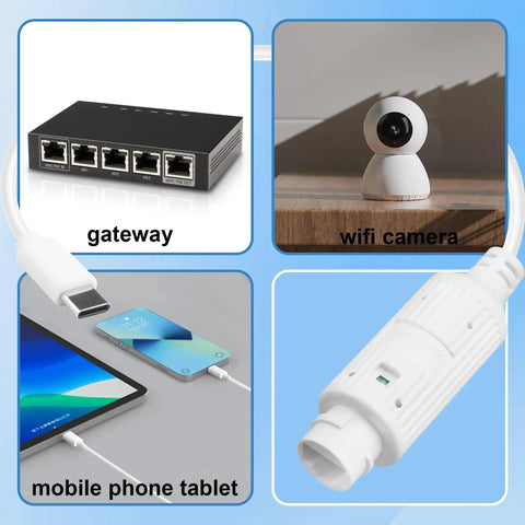 Straight Up POE To USB C Power Only Conversion Adapter Serving Pure 5V DC Juice For Security Cameras And Network Gear Zero Data Pass Through, image showcasing gateway, WiFi camera, mobile phone, and adapter.
