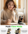 Woman using Three In One Wireless Charging Stand for Galaxy phones, watches, and buds fast charge dock on table