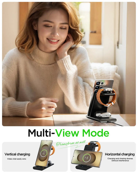 Woman using Three In One Wireless Charging Stand for Galaxy phones, watches, and buds fast charge dock on table