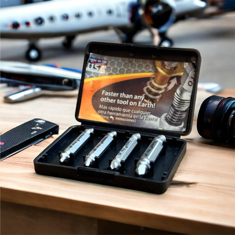 8440P Pro Grabit Broken Bolt And Damaged Screw Extractor 4 Piece Kit With Self Centering Tip in open black case on table