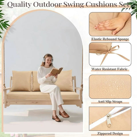 Woman reading on porch swing with light khaki Four Pack Porch Swing Cushions With Pillows For 3 Seater Patio Benches