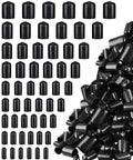 156 Piece Rubber End Caps For Bolts Flexible Screw Caps Thread Protectors in nine black sizes shown neatly arranged and scattered