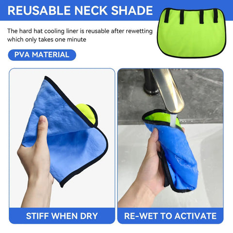 Stay Frosty On Site With This Reusable Cooling Hard Hat Neck Shade For Trade Teams Activates With Water For Four Hours Of Hyper Evaporative Cooling Gear, PVA material, shown being wet under faucet.