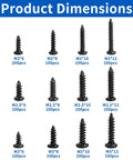 1300 Pcs Wood Screws Assortment Kit M2 M2.5 M3 Self Tapping Phillips Pan Head Screws in various sizes with product dimensions