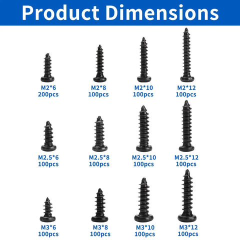 1300 Pcs Wood Screws Assortment Kit M2 M2.5 M3 Self Tapping Phillips Pan Head Screws in various sizes with product dimensions