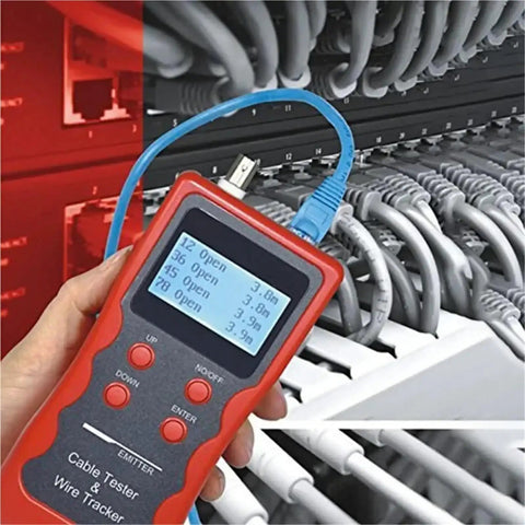 Professional Wall Detector Scanner And Network Cable Tester With Wire Tracking And Breakpoint Detection in hand displaying readings.