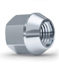 Close-up of a Zinc 1/2-20 Open End Bulge Acorn Lug Nut Heavy Duty 60 Degree Conical Seat for aftermarket wheels, 3/4 inch hex.