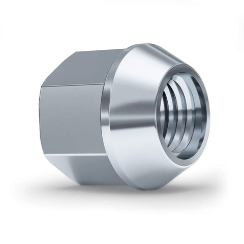 Close-up of a Zinc 1/2-20 Open End Bulge Acorn Lug Nut Heavy Duty 60 Degree Conical Seat for aftermarket wheels, 3/4 inch hex.